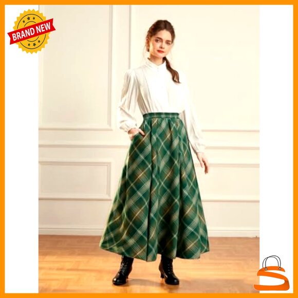 Long Plaid High Waist A-Line Pleated Maxi Skirt with Pockets - Picture 4 of 7